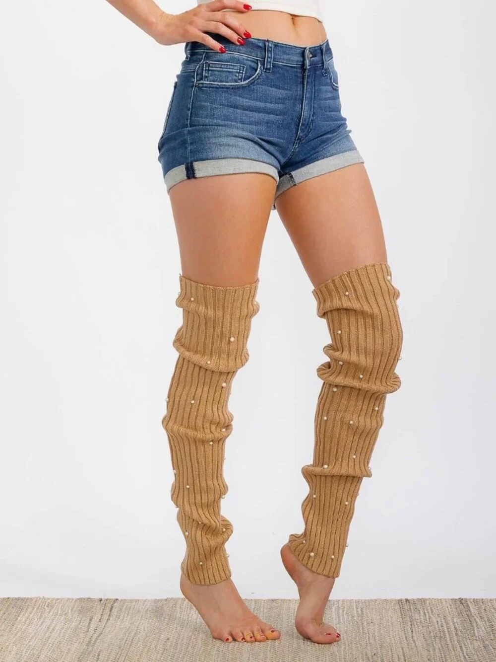 Leg Warmers One Size Taupe Pearl Ribbed Knit Over The Knee Slouchy Leg Warmers